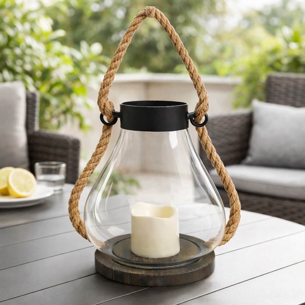 Vintage Style Glass Pedestal Lantern Rope Handle &‎ LED Candle Indoor Outdoor